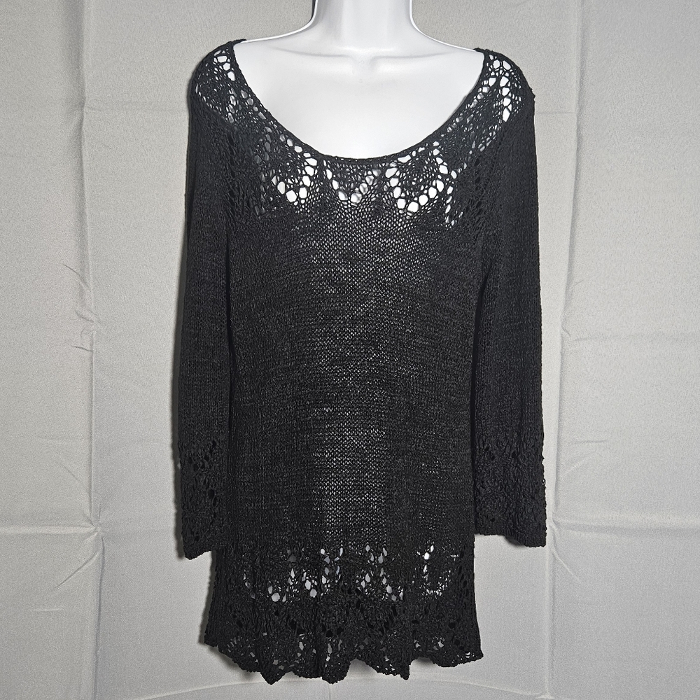 BCBGMAXAZRIA Whimsygoth Grunge Emo Crocheted Black 3/4 Sleeve Sweater Size Lg
